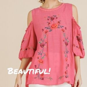 Umgee Lt Pink Embroidered Cold Shoulder